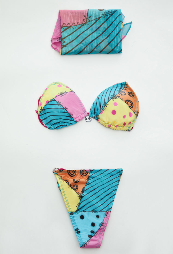 Sweet Nightmare Gothic Halloween Colorful Printed Bikini Set Swimwear Halter Top and Bottom with Wrap Skirt Bathing Suit Sweet Nightmare Gothic Halloween Colorful Printed Bikini Set Swimwear Halter Top and Bottom with Wrap Skirt Bathing Suit