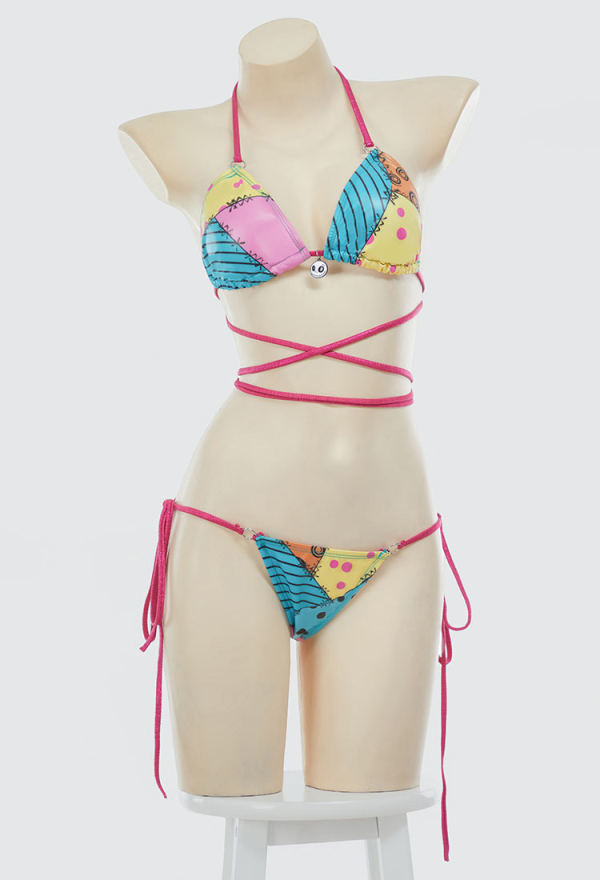 Sweet Nightmare Gothic Halloween Colorful Printed Bikini Set Swimwear Halter Top and Bottom with Wrap Skirt Bathing Suit Sweet Nightmare Gothic Halloween Colorful Printed Bikini Set Swimwear Halter Top and Bottom with Wrap Skirt Bathing Suit