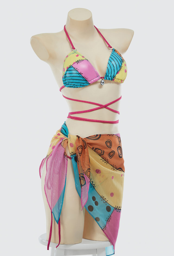Sweet Nightmare Gothic Halloween Colorful Printed Bikini Set Swimwear Halter Top and Bottom with Wrap Skirt Bathing Suit Sweet Nightmare Gothic Halloween Colorful Printed Bikini Set Swimwear Halter Top and Bottom with Wrap Skirt Bathing Suit
