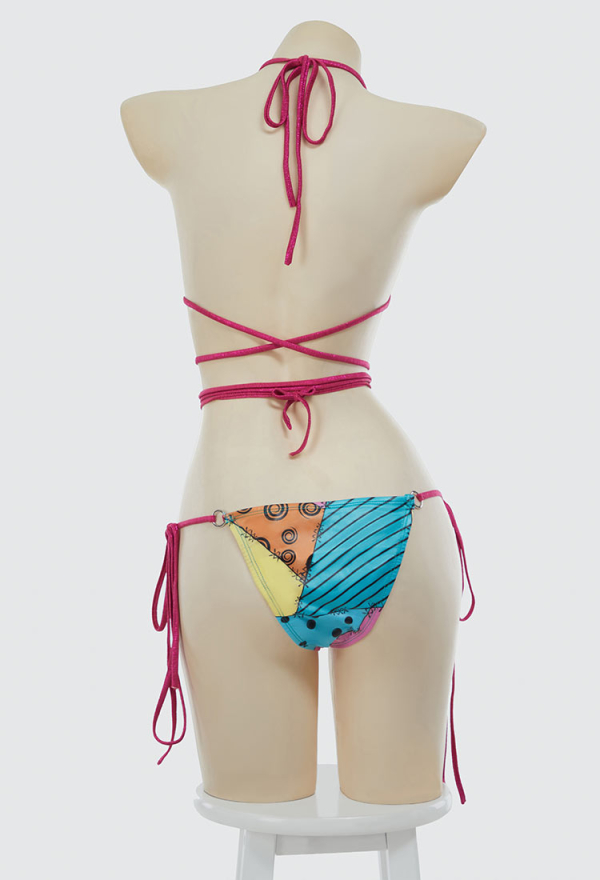 Sweet Nightmare Gothic Halloween Colorful Printed Bikini Set Swimwear Halter Top and Bottom with Wrap Skirt Bathing Suit Sweet Nightmare Gothic Halloween Colorful Printed Bikini Set Swimwear Halter Top and Bottom with Wrap Skirt Bathing Suit