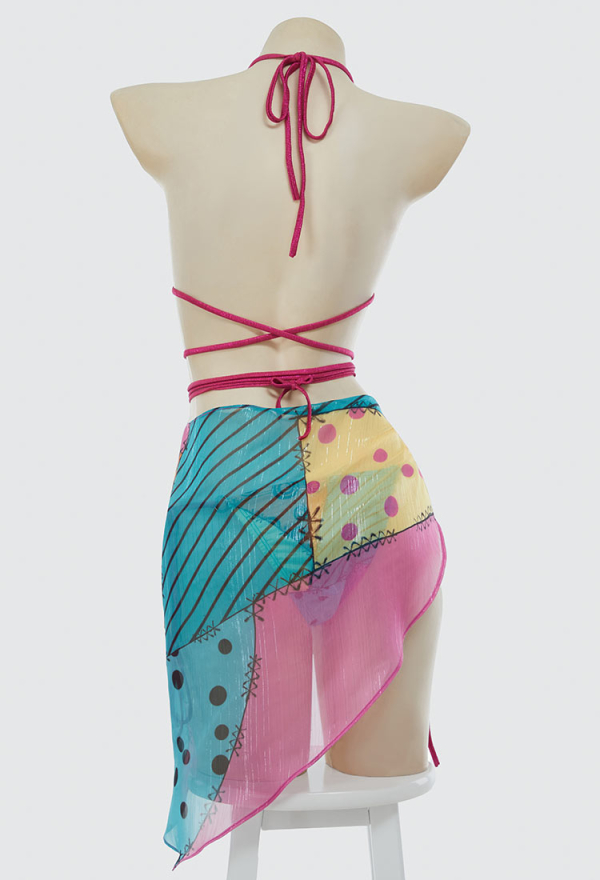 Sweet Nightmare Gothic Halloween Colorful Printed Bikini Set Swimwear Halter Top and Bottom with Wrap Skirt Bathing Suit Sweet Nightmare Gothic Halloween Colorful Printed Bikini Set Swimwear Halter Top and Bottom with Wrap Skirt Bathing Suit
