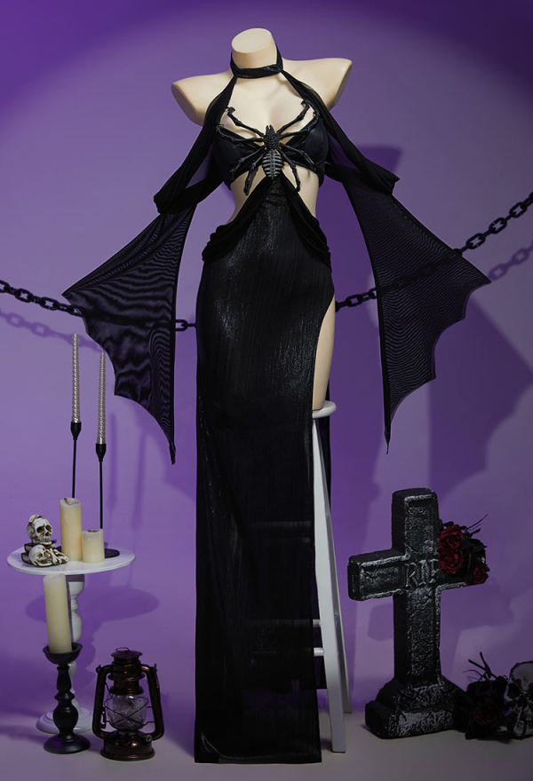 Beauty of Shadow Gothic Spider Sexy Costume Long Sleeves High Split Dress with Veil and Detachable Spider Accessory