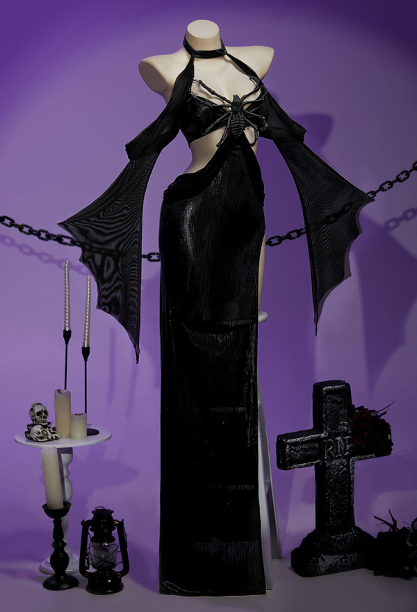 Beauty of Shadow Gothic Spider Sexy Costume Long Sleeves High Split Dress with Veil and Detachable Spider Accessory