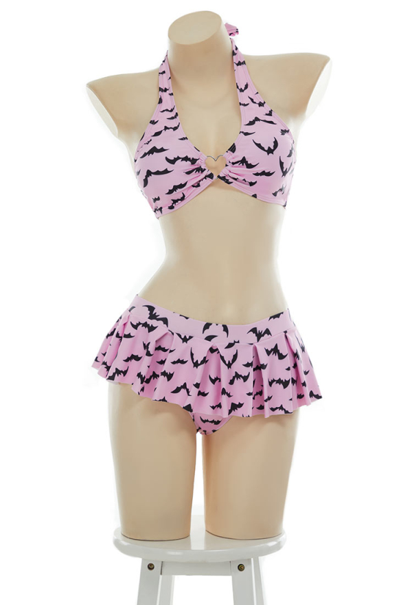 Nocturnal Waves Gothic Bat Print Swimsuit Heart-shaped Design Top and Mini Skirt Two Pieces Pink Bat Swimsuit Nocturnal Waves Gothic Bat Print Swimsuit Heart-shaped Design Top and Mini Skirt Two Pieces Pink Bat Swimsuit