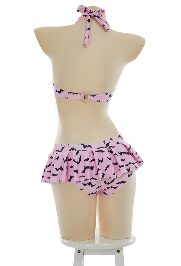Nocturnal Waves Gothic Bat Print Swimsuit Heart-shaped Design Top and Mini Skirt Two Pieces Pink Bat Swimsuit Nocturnal Waves Gothic Bat Print Swimsuit Heart-shaped Design Top and Mini Skirt Two Pieces Pink Bat Swimsuit