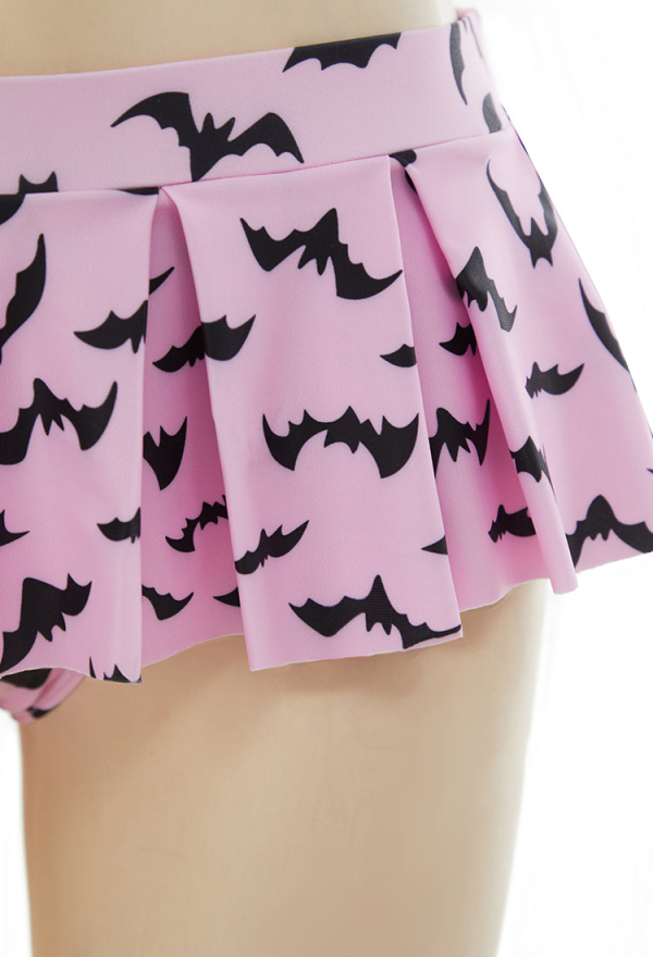 Nocturnal Waves Gothic Bat Print Swimsuit Heart-shaped Design Top and Mini Skirt Two Pieces Pink Bat Swimsuit Nocturnal Waves Gothic Bat Print Swimsuit Heart-shaped Design Top and Mini Skirt Two Pieces Pink Bat Swimsuit