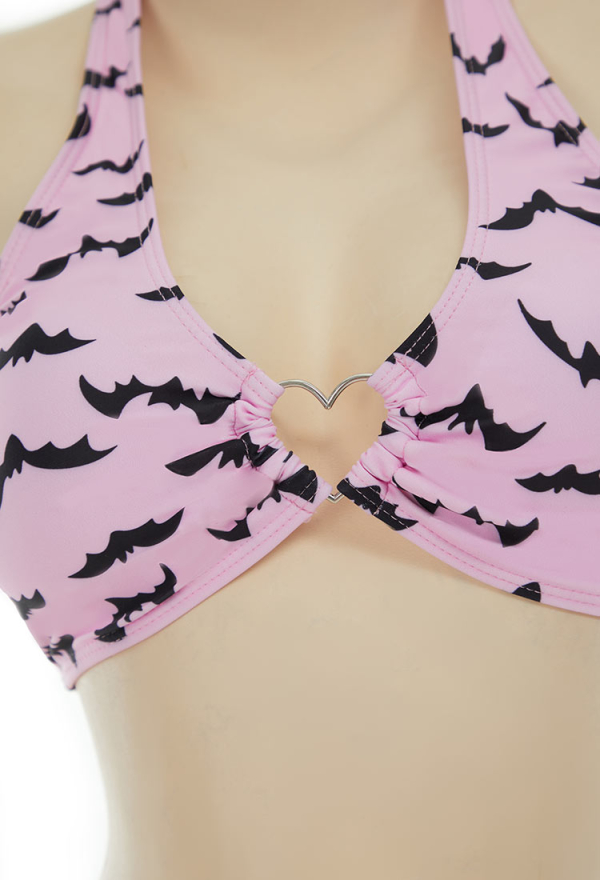 Nocturnal Waves Gothic Bat Print Swimsuit Heart-shaped Design Top and Mini Skirt Two Pieces Pink Bat Swimsuit Nocturnal Waves Gothic Bat Print Swimsuit Heart-shaped Design Top and Mini Skirt Two Pieces Pink Bat Swimsuit