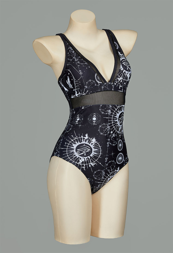 Mystery Cove Gothic Black Star and Moon Printed Swimsuit Set Witch Style V-neck One-Piece Bathing Suit