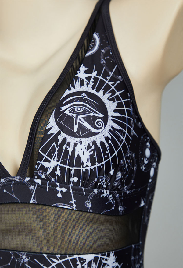 Mystery Cove Gothic Black Star and Moon Printed Swimsuit Set Witch Style V-neck One-Piece Bathing Suit