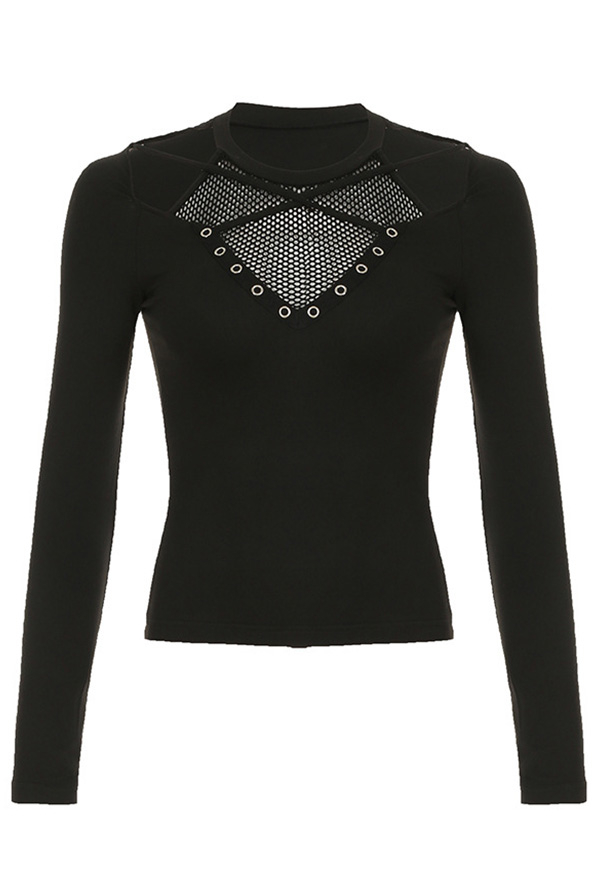 Gothic Black Cutout Long Sleeve Top Dark Style Mesh Patchwork Slim Top Gothic Black Cutout Long Sleeve Top Dark Style Mesh Patchwork Slim Top