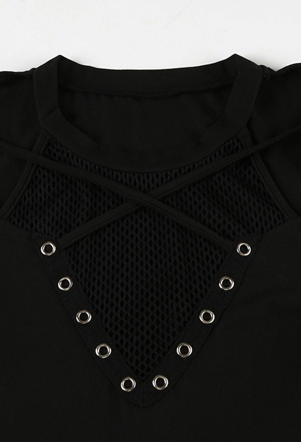 Gothic Black Cutout Long Sleeve Top Dark Style Mesh Patchwork Slim Top Gothic Black Cutout Long Sleeve Top Dark Style Mesh Patchwork Slim Top