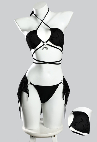 Nocturnal Waves Gothic Black Bat Pattern Two-Piece Swimsuit Bikini Set Halter Top Panty Bathing Suit with Back Skirt