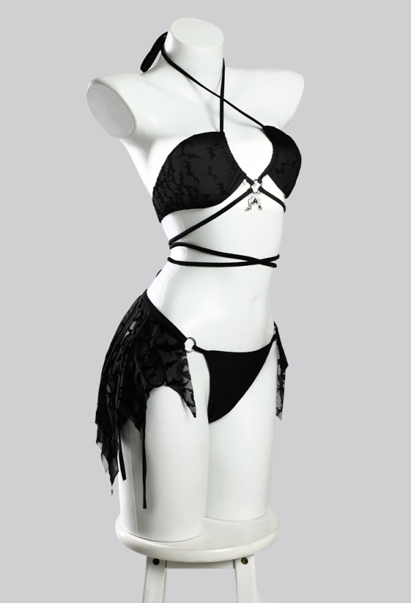 Nocturnal Waves Gothic Black Bat Pattern Two-Piece Swimsuit Bikini Set Halter Top Panty Bathing Suit with Back Skirt Nocturnal Waves Gothic Black Bat Pattern Two-Piece Swimsuit Bikini Set Halter Top Panty Bathing Suit with Back Skirt