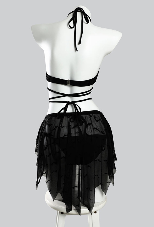 Nocturnal Waves Gothic Black Bat Pattern Two-Piece Swimsuit Bikini Set Halter Top Panty Bathing Suit with Back Skirt Nocturnal Waves Gothic Black Bat Pattern Two-Piece Swimsuit Bikini Set Halter Top Panty Bathing Suit with Back Skirt