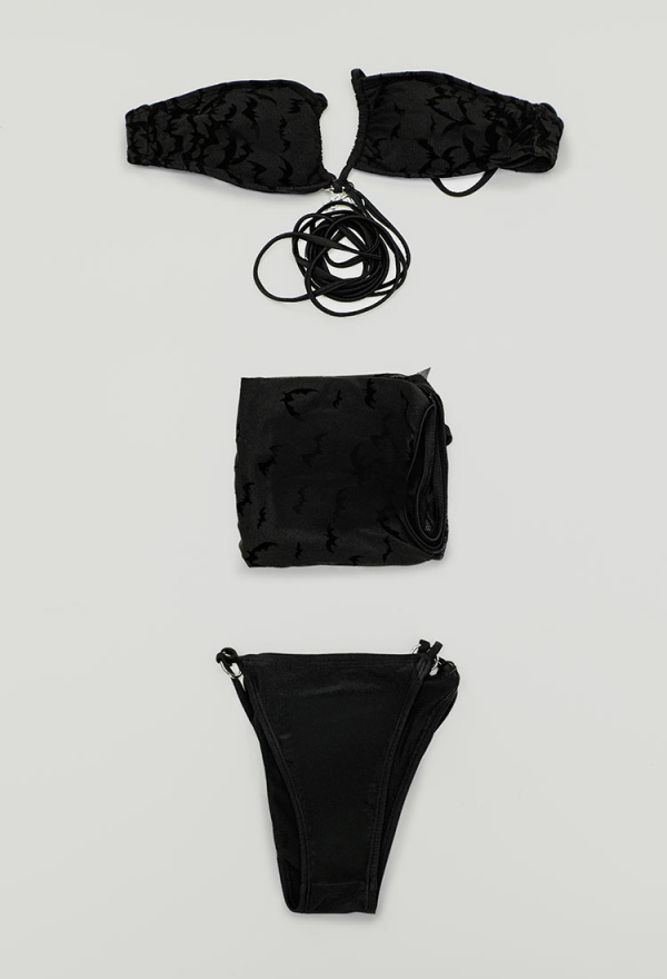 Nocturnal Waves Gothic Black Bat Pattern Two-Piece Swimsuit Bikini Set Halter Top Panty Bathing Suit with Back Skirt Nocturnal Waves Gothic Black Bat Pattern Two-Piece Swimsuit Bikini Set Halter Top Panty Bathing Suit with Back Skirt