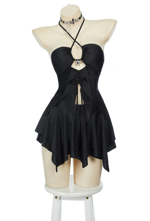 Wings of Summer Gothic Black Butterfly Two-Piece Swimsuit Irregular Halter Cutout Top and Skirt Bathing Suit with Necklace Wings of Summer Gothic Black Butterfly Two-Piece Swimsuit Irregular Halter Cutout Top and Skirt Bathing Suit with Necklace
