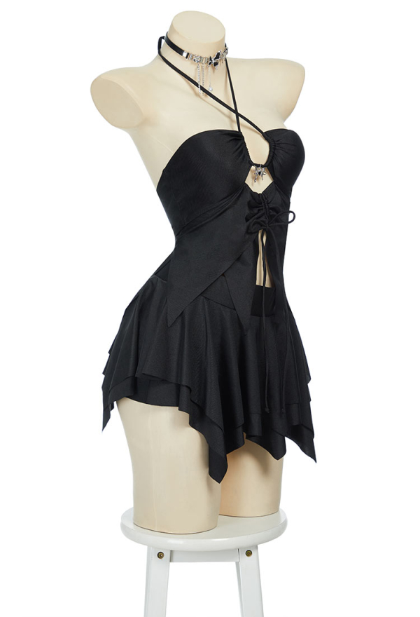 Wings of Summer Gothic Black Butterfly Two-Piece Swimsuit Irregular Halter Cutout Top and Skirt Bathing Suit with Necklace Wings of Summer Gothic Black Butterfly Two-Piece Swimsuit Irregular Halter Cutout Top and Skirt Bathing Suit with Necklace