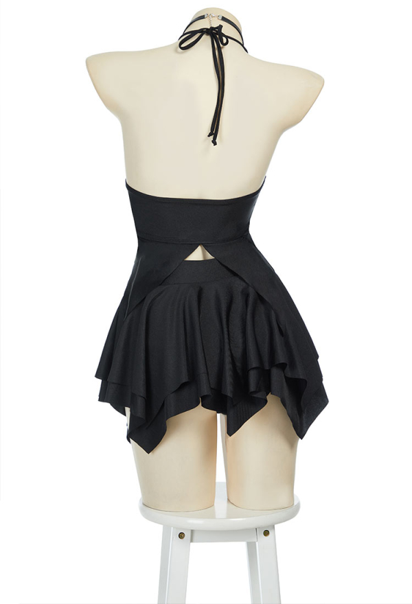Wings of Summer Gothic Black Butterfly Two-Piece Swimsuit Irregular Halter Cutout Top and Skirt Bathing Suit with Necklace Wings of Summer Gothic Black Butterfly Two-Piece Swimsuit Irregular Halter Cutout Top and Skirt Bathing Suit with Necklace