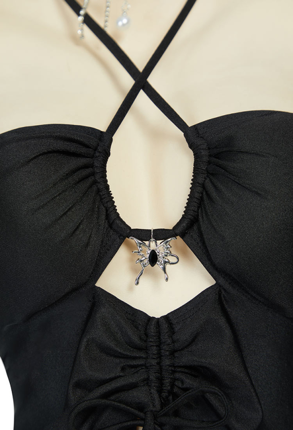 Wings of Summer Gothic Black Butterfly Two-Piece Swimsuit Irregular Halter Cutout Top and Skirt Bathing Suit with Necklace Wings of Summer Gothic Black Butterfly Two-Piece Swimsuit Irregular Halter Cutout Top and Skirt Bathing Suit with Necklace
