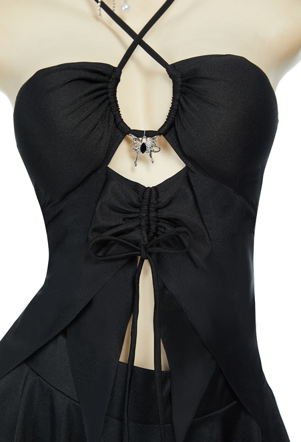 Wings of Summer Gothic Black Butterfly Two-Piece Swimsuit Irregular Halter Cutout Top and Skirt Bathing Suit with Necklace Wings of Summer Gothic Black Butterfly Two-Piece Swimsuit Irregular Halter Cutout Top and Skirt Bathing Suit with Necklace