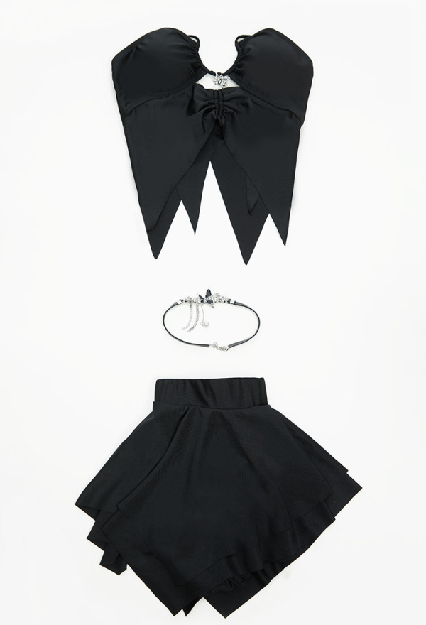 Wings of Summer Gothic Black Butterfly Two-Piece Swimsuit Irregular Halter Cutout Top and Skirt Bathing Suit with Necklace Wings of Summer Gothic Black Butterfly Two-Piece Swimsuit Irregular Halter Cutout Top and Skirt Bathing Suit with Necklace