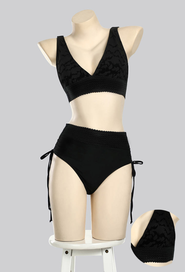 Nocturnal Waves Gothic Black Bat Pattern Two-Piece Swimsuit Deep V Top and Shorts Bathing Suit