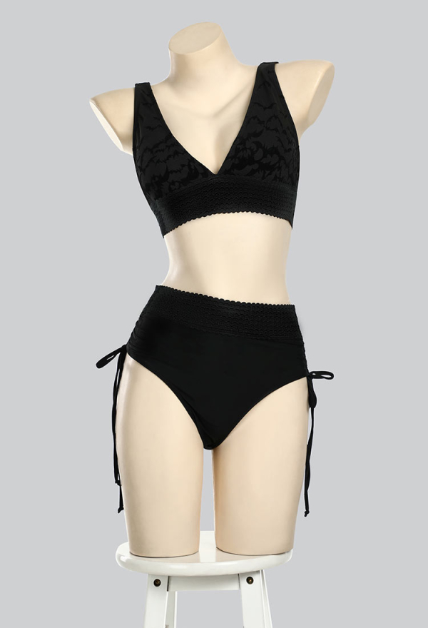 Nocturnal Waves Gothic Black Bat Pattern Two-Piece Swimsuit Deep V Top and Shorts Bathing Suit