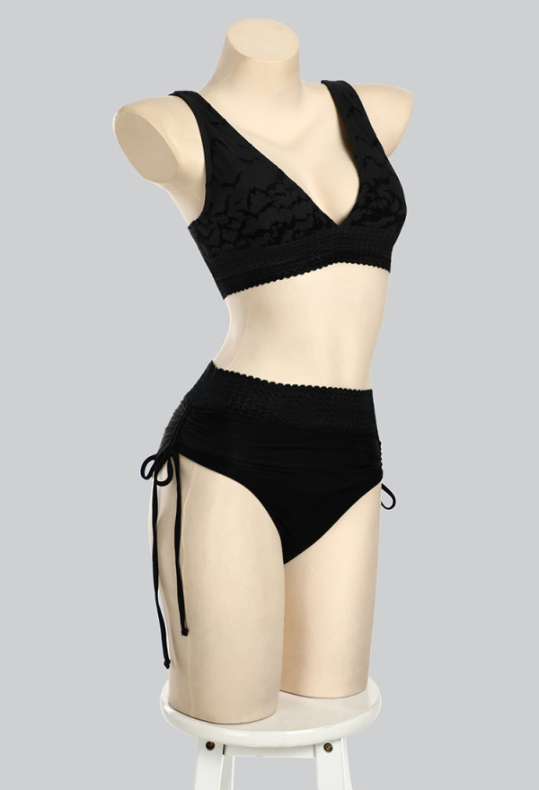 Nocturnal Waves Gothic Black Bat Pattern Two-Piece Swimsuit Deep V Top and Shorts Bathing Suit