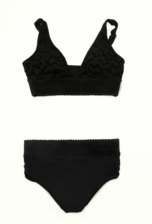 Nocturnal Waves Gothic Black Bat Pattern Two-Piece Swimsuit Deep V Top and Shorts Bathing Suit
