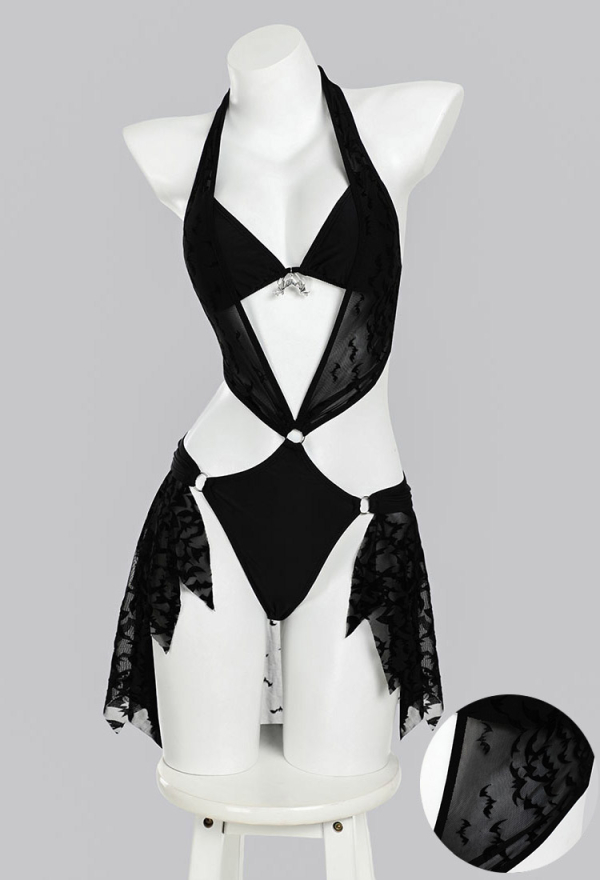 Nocturnal Waves Gothic Black Bat Patterned Slightly Sheer One Piece Swimsuit Bodysuit with Bikini Top