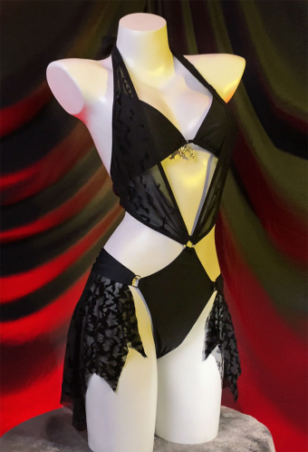 Nocturnal Waves Gothic Black Bat Patterned Slightly Sheer One Piece Swimsuit Bodysuit with Bikini Top