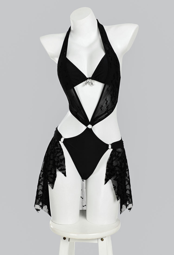 Nocturnal Waves Gothic Black Bat Patterned Slightly Sheer One Piece Swimsuit Bodysuit with Bikini Top
