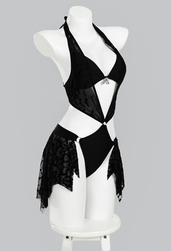 Nocturnal Waves Gothic Black Bat Patterned Slightly Sheer One Piece Swimsuit Bodysuit with Bikini Top