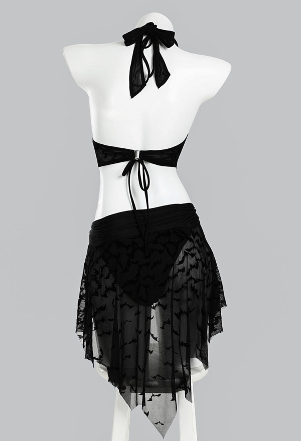 Nocturnal Waves Gothic Black Bat Patterned Slightly Sheer One Piece Swimsuit Bodysuit with Bikini Top