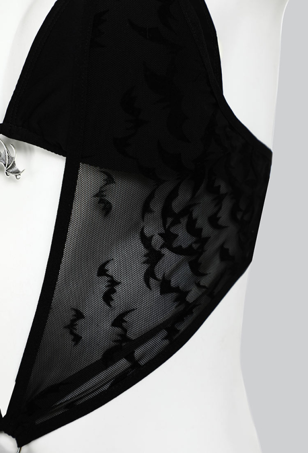 Nocturnal Waves Gothic Black Bat Patterned Slightly Sheer One Piece Swimsuit Bodysuit with Bikini Top
