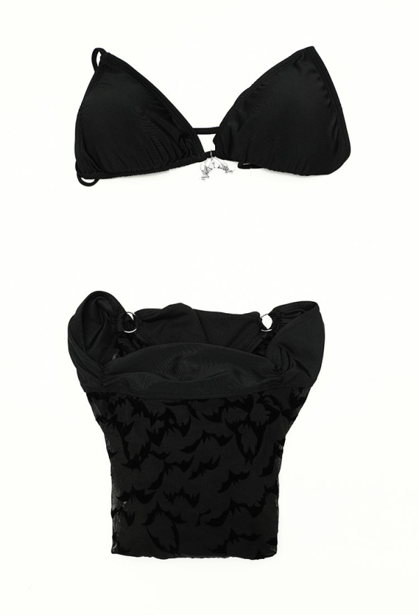 Nocturnal Waves Gothic Black Bat Patterned Slightly Sheer One Piece Swimsuit Bodysuit with Bikini Top