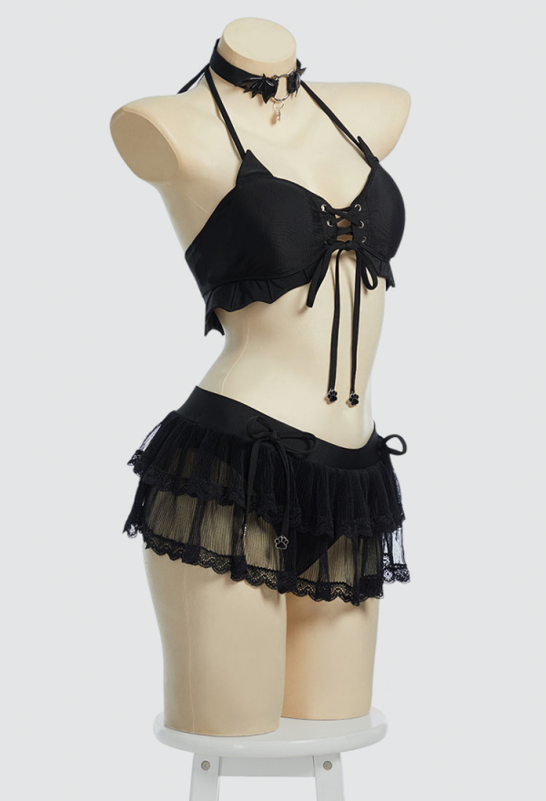 Midnight Meow Gothic Black Cat Bat Two-Piece Swimsuit Halter Top and Skirt Bathing Suit with Choker