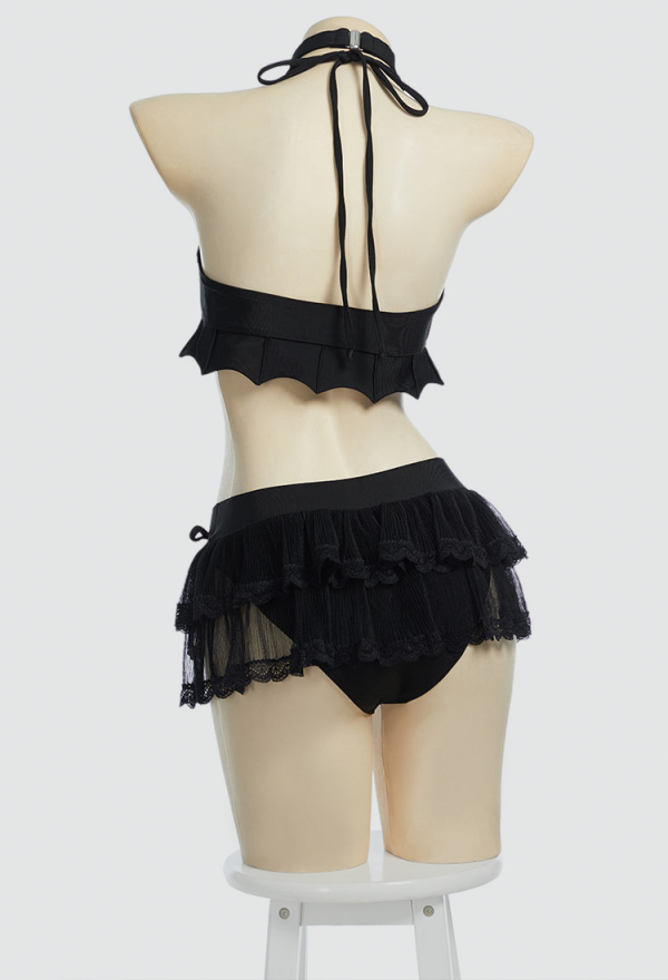 Midnight Meow Gothic Black Cat Bat Two-Piece Swimsuit Halter Top and Skirt Bathing Suit with Choker