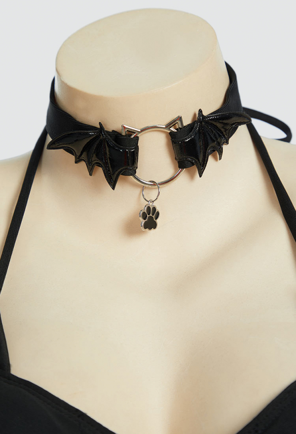 Midnight Meow Gothic Black Cat Bat Two-Piece Swimsuit Halter Top and Skirt Bathing Suit with Choker