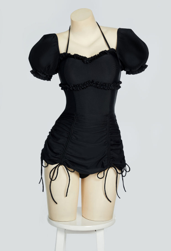 Timeless Abyss Gothic Black Vintage Style Bathing Suit Drawstring Bubble Sleeve One-Piece Swimsuit
