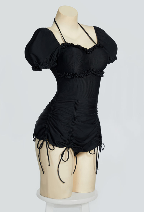 Timeless Abyss Gothic Black Vintage Style Bathing Suit Drawstring Bubble Sleeve One-Piece Swimsuit Timeless Abyss Gothic Black Vintage Style Bathing Suit Drawstring Bubble Sleeve One-Piece Swimsuit