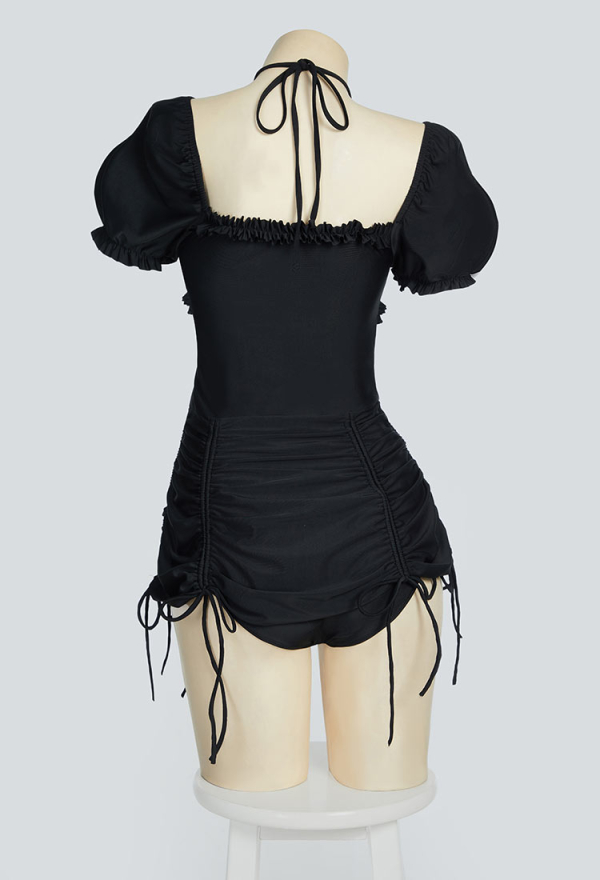 Timeless Abyss Gothic Black Vintage Style Bathing Suit Drawstring Bubble Sleeve One-Piece Swimsuit Timeless Abyss Gothic Black Vintage Style Bathing Suit Drawstring Bubble Sleeve One-Piece Swimsuit