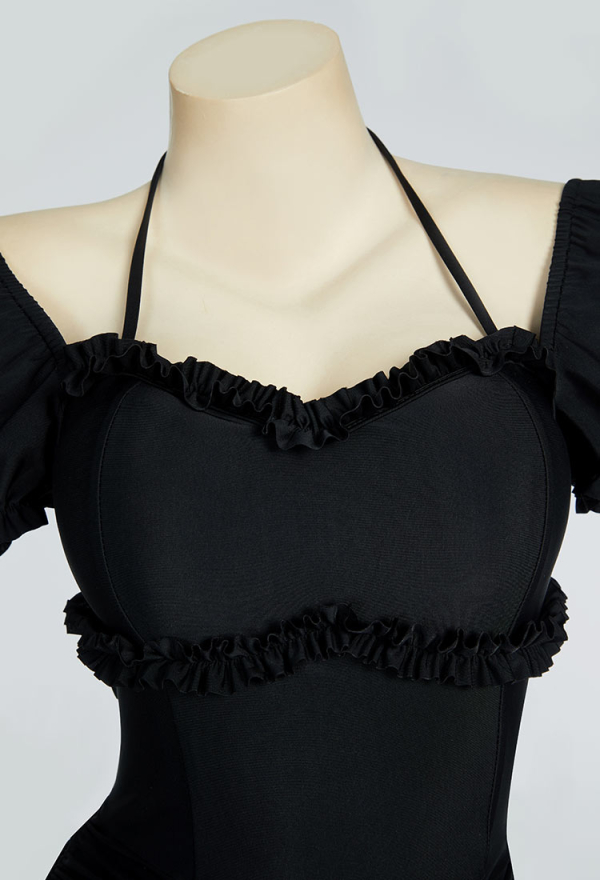 Timeless Abyss Gothic Black Vintage Style Bathing Suit Drawstring Bubble Sleeve One-Piece Swimsuit Timeless Abyss Gothic Black Vintage Style Bathing Suit Drawstring Bubble Sleeve One-Piece Swimsuit