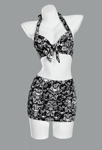 Haunted Soul Gothic Vintage Skull Pattern Two-Piece Swimsuit Bikini Set Halter Top and Skirt Bathing Suit