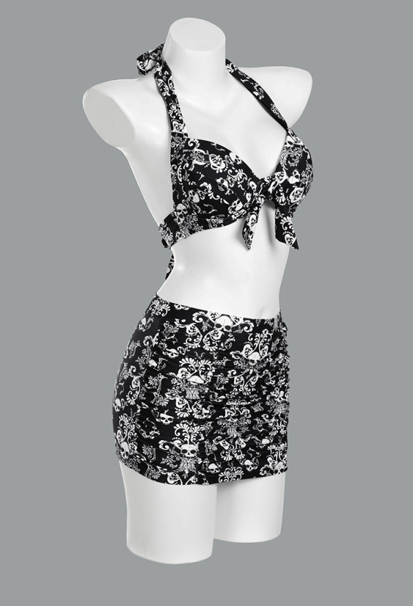 Haunted Soul Gothic Vintage Skull Pattern Two-Piece Swimsuit Bikini Set Halter Top and Skirt Bathing Suit
