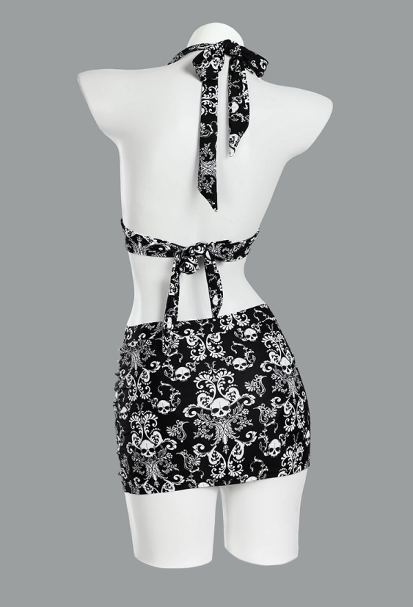 Haunted Soul Gothic Vintage Skull Pattern Two-Piece Swimsuit Bikini Set Halter Top and Skirt Bathing Suit