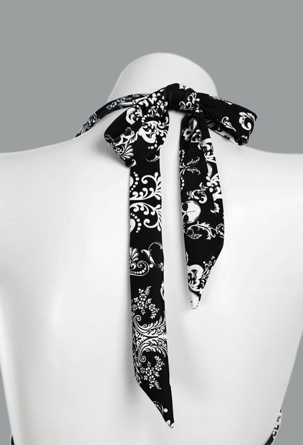 Haunted Soul Gothic Vintage Skull Pattern Two-Piece Swimsuit Bikini Set Halter Top and Skirt Bathing Suit
