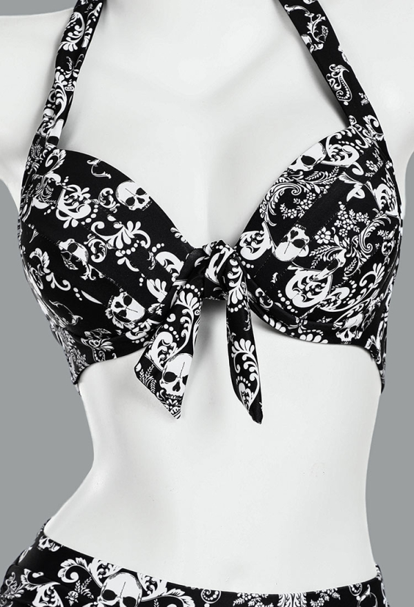 Haunted Soul Gothic Vintage Skull Pattern Two-Piece Swimsuit Bikini Set Halter Top and Skirt Bathing Suit