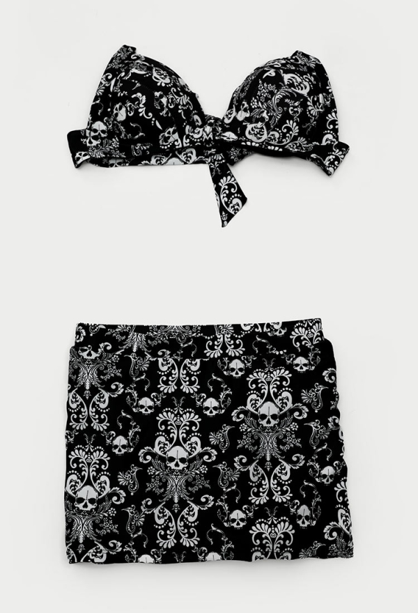 Haunted Soul Gothic Vintage Skull Pattern Two-Piece Swimsuit Bikini Set Halter Top and Skirt Bathing Suit