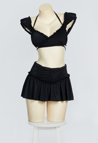 Timeless Abyss Gothic Black Vintage Style Two-Piece Swimsuit Halter Short Top and Swim Skirt Bathing Suit